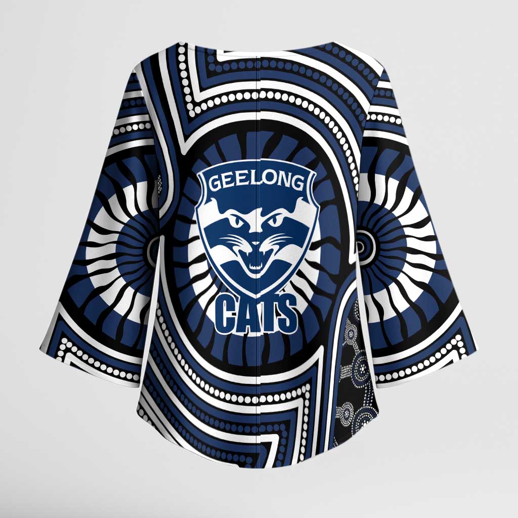 Geelong Cats Kimono Sleeve Blouse Indigenous Monochrome Dot Art Mascot Style