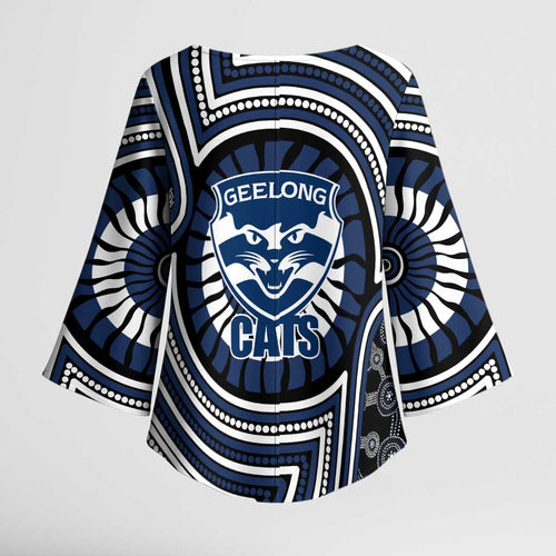 Geelong Cats Kimono Sleeve Blouse Indigenous Monochrome Dot Art Mascot Style