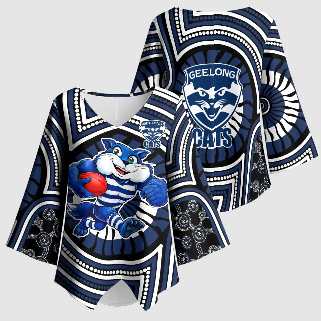 Geelong Cats Kimono Sleeve Blouse Indigenous Monochrome Dot Art Mascot Style