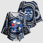 Geelong Cats Kimono Sleeve Blouse Indigenous Monochrome Dot Art Mascot Style