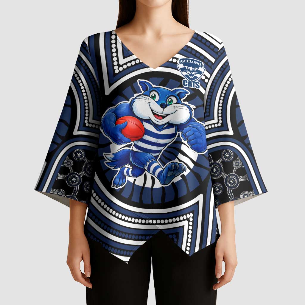 Geelong Cats Kimono Sleeve Blouse Indigenous Monochrome Dot Art Mascot Style