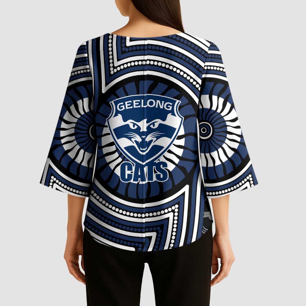Geelong Cats Kimono Sleeve Blouse Indigenous Monochrome Dot Art Mascot Style