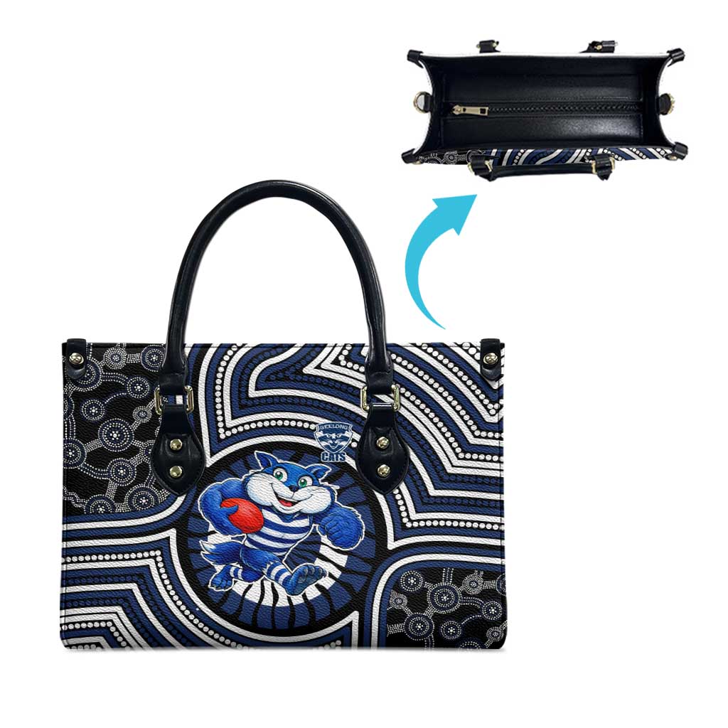 Geelong Cats Leather Bag Indigenous Monochrome Dot Art Mascot Style