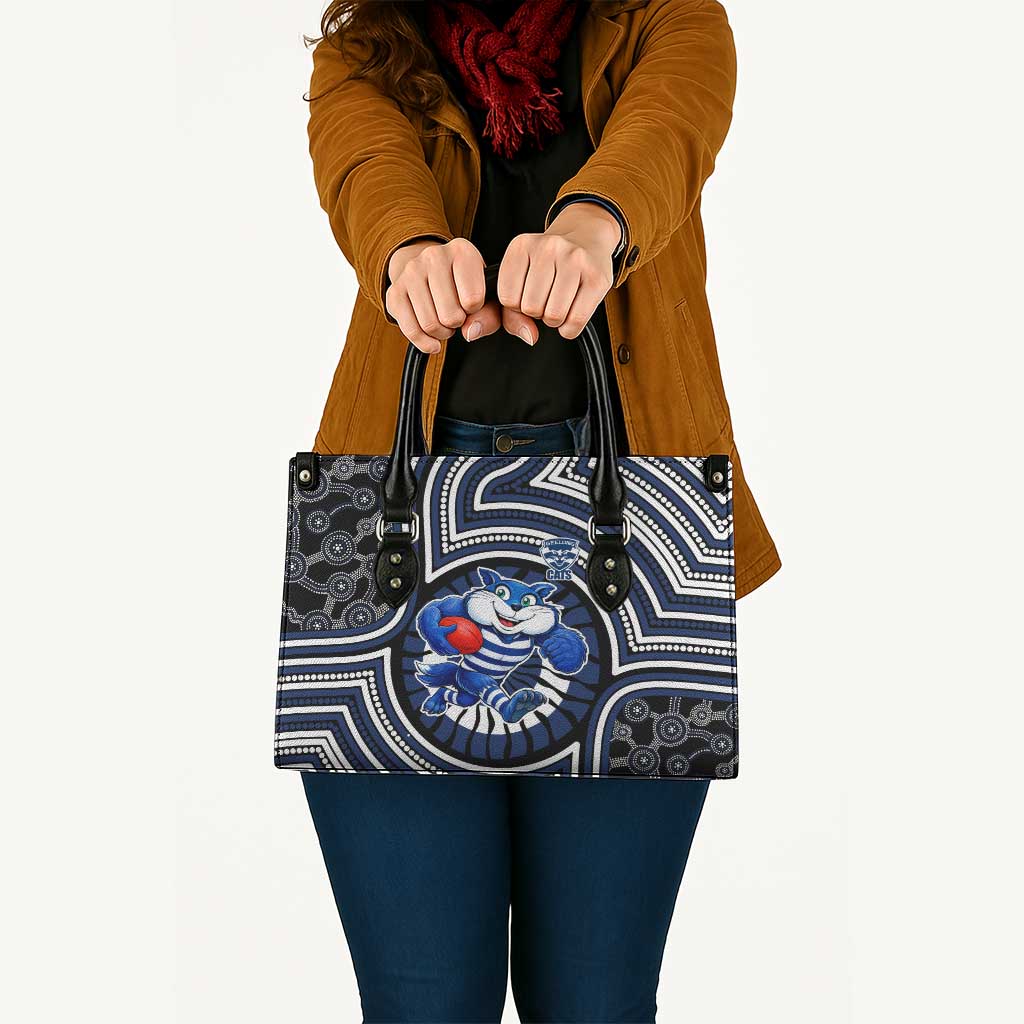 Geelong Cats Leather Bag Indigenous Monochrome Dot Art Mascot Style