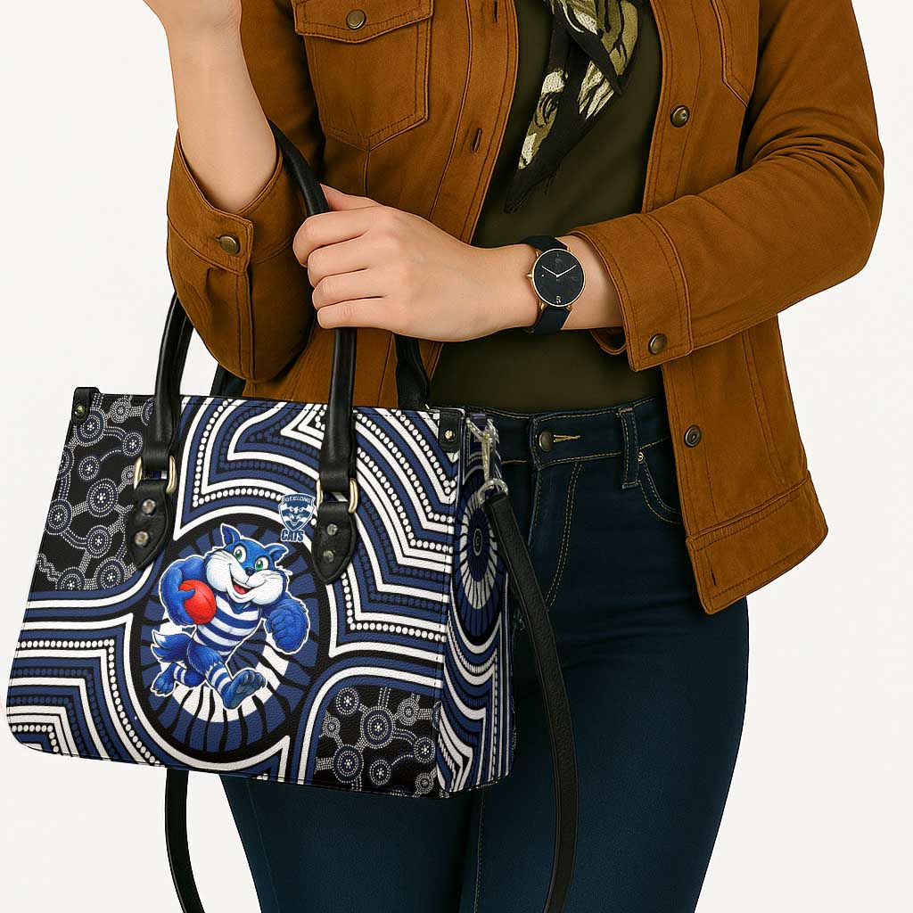 Geelong Cats Leather Bag Indigenous Monochrome Dot Art Mascot Style