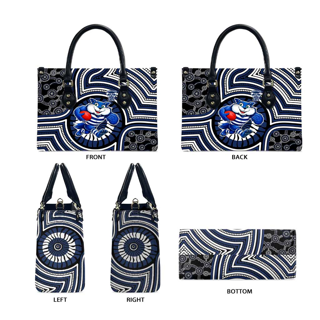 Geelong Cats Leather Bag Indigenous Monochrome Dot Art Mascot Style