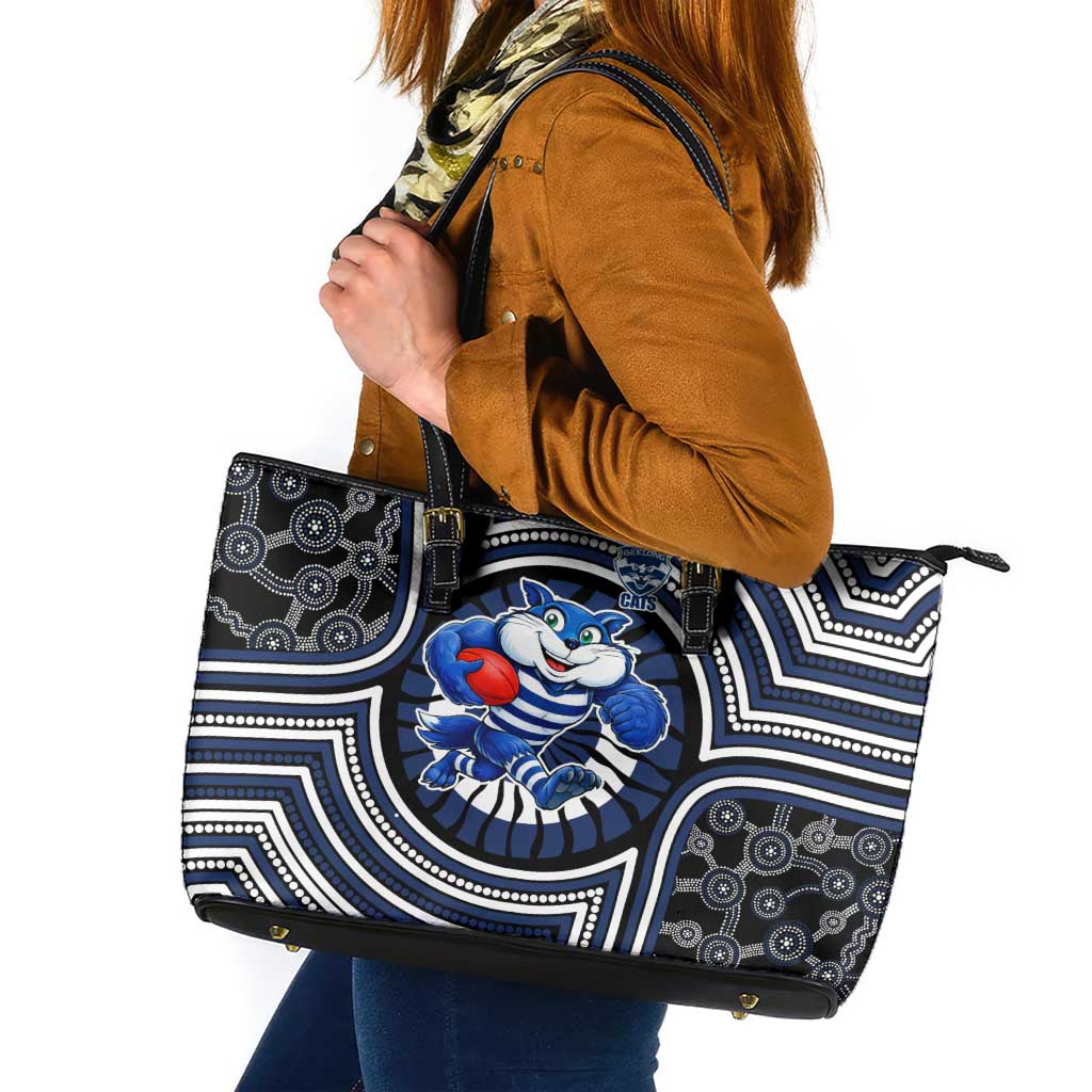 Geelong Cats Leather Tote Bag Indigenous Monochrome Dot Art Mascot Style