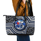 Geelong Cats Leather Tote Bag Indigenous Monochrome Dot Art Mascot Style