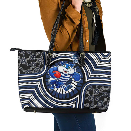 Geelong Cats Leather Tote Bag Indigenous Monochrome Dot Art Mascot Style