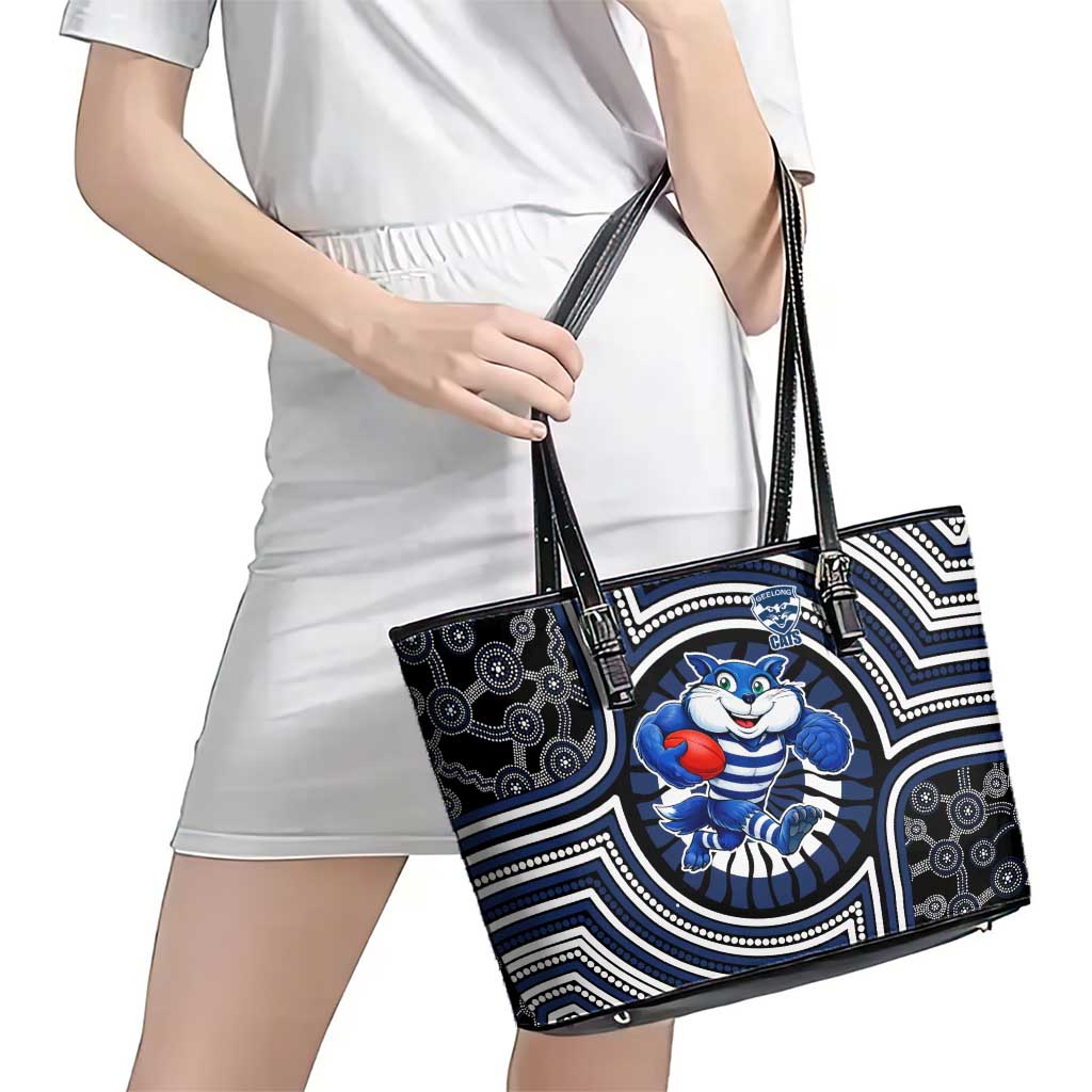 Geelong Cats Leather Tote Bag Indigenous Monochrome Dot Art Mascot Style