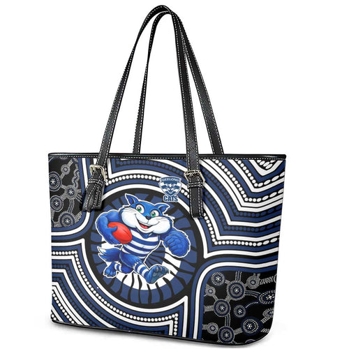 Geelong Cats Leather Tote Bag Indigenous Monochrome Dot Art Mascot Style