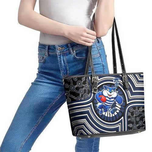 Geelong Cats Leather Tote Bag Indigenous Monochrome Dot Art Mascot Style