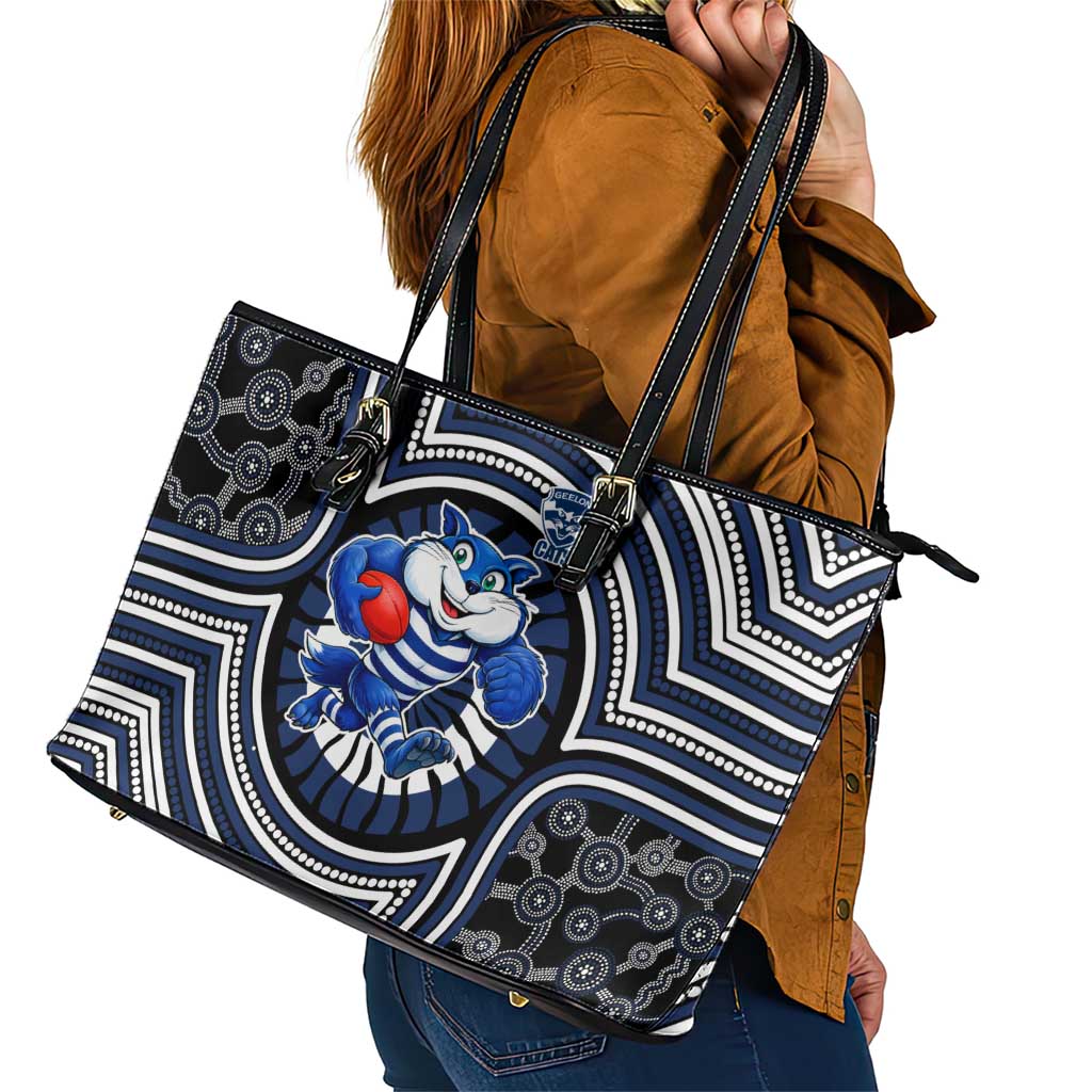 Geelong Cats Leather Tote Bag Indigenous Monochrome Dot Art Mascot Style