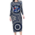 Geelong Cats Long Sleeve Bodycon Dress Indigenous Monochrome Dot Art Mascot Style