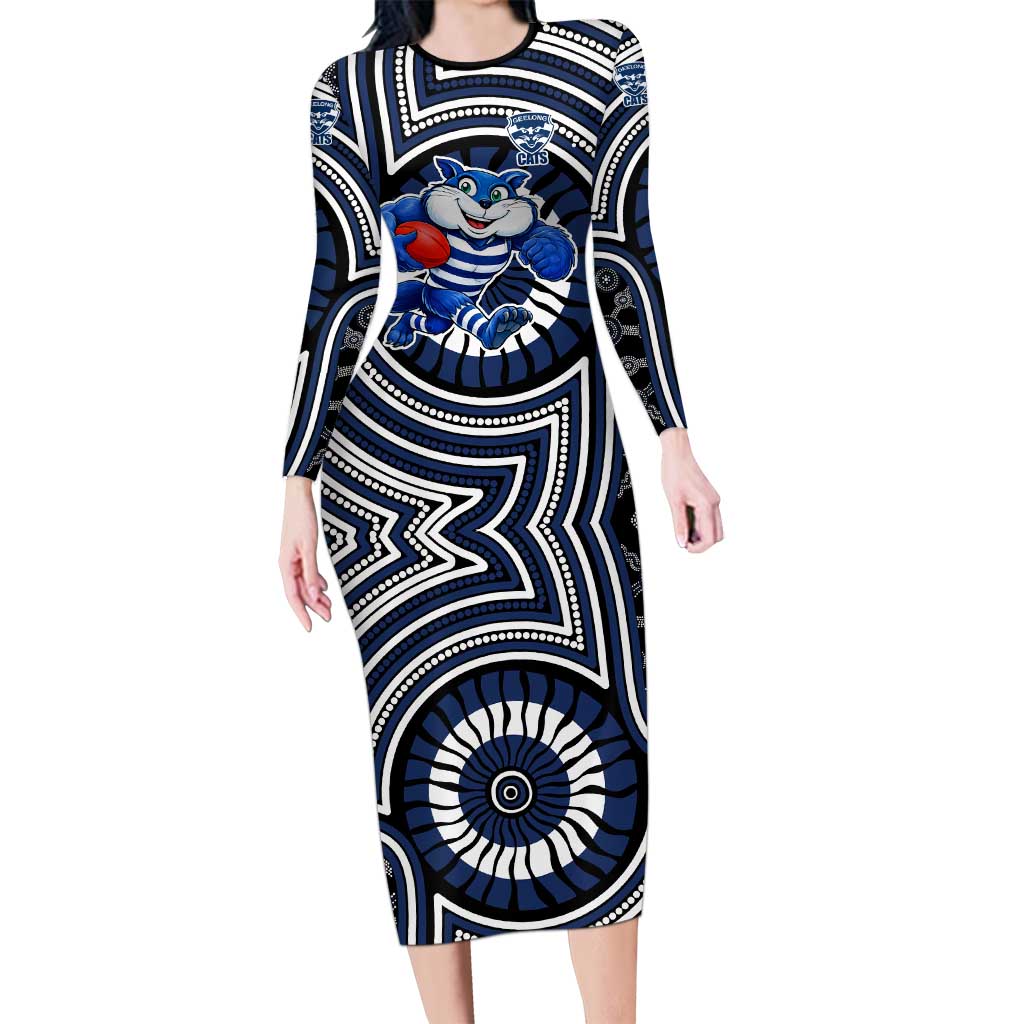 Geelong Cats Long Sleeve Bodycon Dress Indigenous Monochrome Dot Art Mascot Style