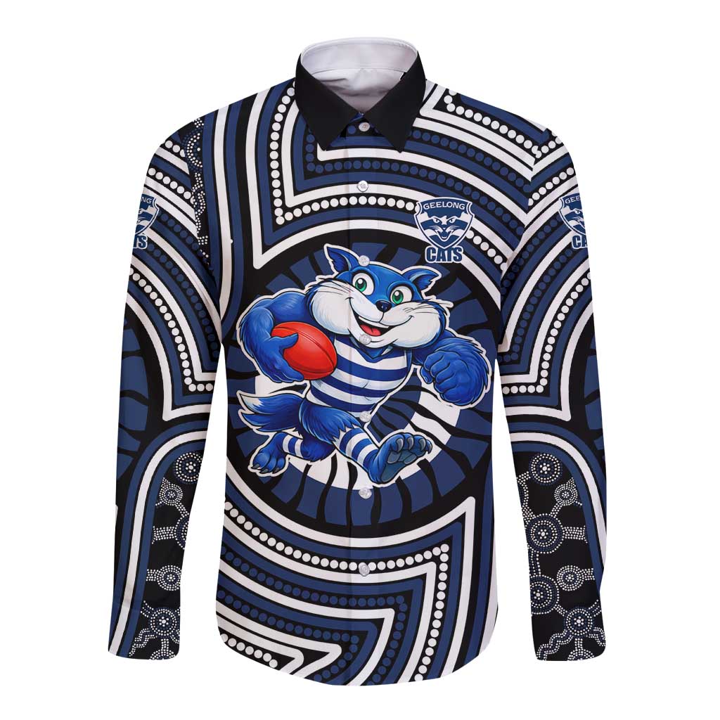 Geelong Cats Long Sleeve Button Shirt Indigenous Monochrome Dot Art Mascot Style