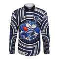 Geelong Cats Long Sleeve Button Shirt Indigenous Monochrome Dot Art Mascot Style