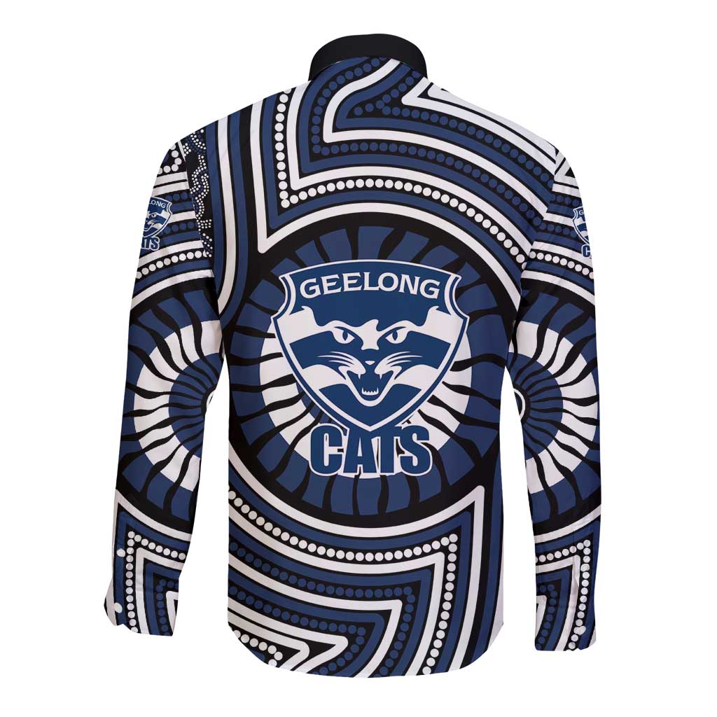 Geelong Cats Long Sleeve Button Shirt Indigenous Monochrome Dot Art Mascot Style