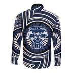 Geelong Cats Long Sleeve Button Shirt Indigenous Monochrome Dot Art Mascot Style
