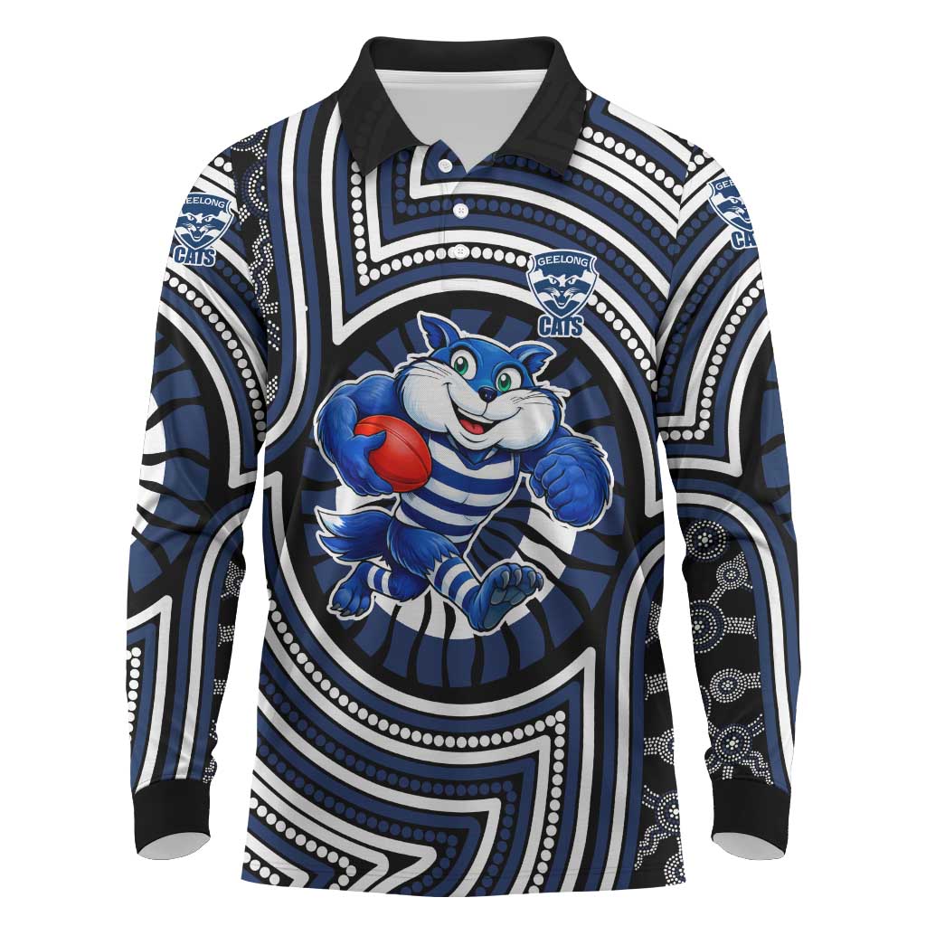 Geelong Cats Long Sleeve Polo Shirt Indigenous Monochrome Dot Art Mascot Style