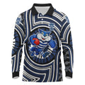 Geelong Cats Long Sleeve Polo Shirt Indigenous Monochrome Dot Art Mascot Style