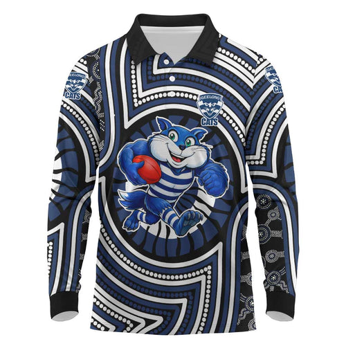 Geelong Cats Long Sleeve Polo Shirt Indigenous Monochrome Dot Art Mascot Style