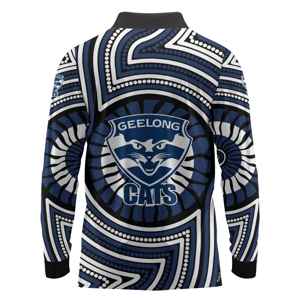 Geelong Cats Long Sleeve Polo Shirt Indigenous Monochrome Dot Art Mascot Style