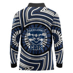 Geelong Cats Long Sleeve Polo Shirt Indigenous Monochrome Dot Art Mascot Style