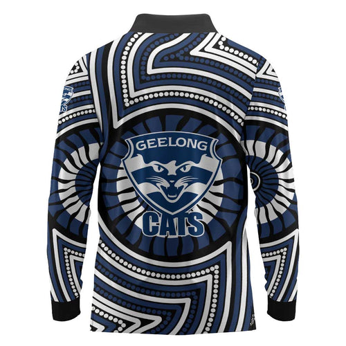 Geelong Cats Long Sleeve Polo Shirt Indigenous Monochrome Dot Art Mascot Style