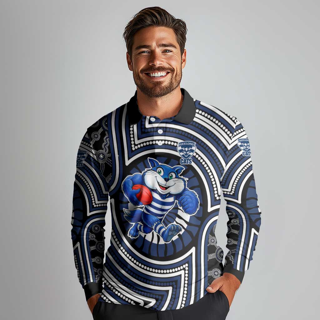 Geelong Cats Long Sleeve Polo Shirt Indigenous Monochrome Dot Art Mascot Style