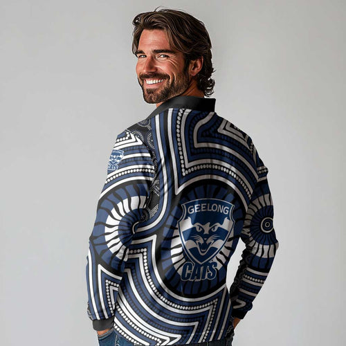 Geelong Cats Long Sleeve Polo Shirt Indigenous Monochrome Dot Art Mascot Style