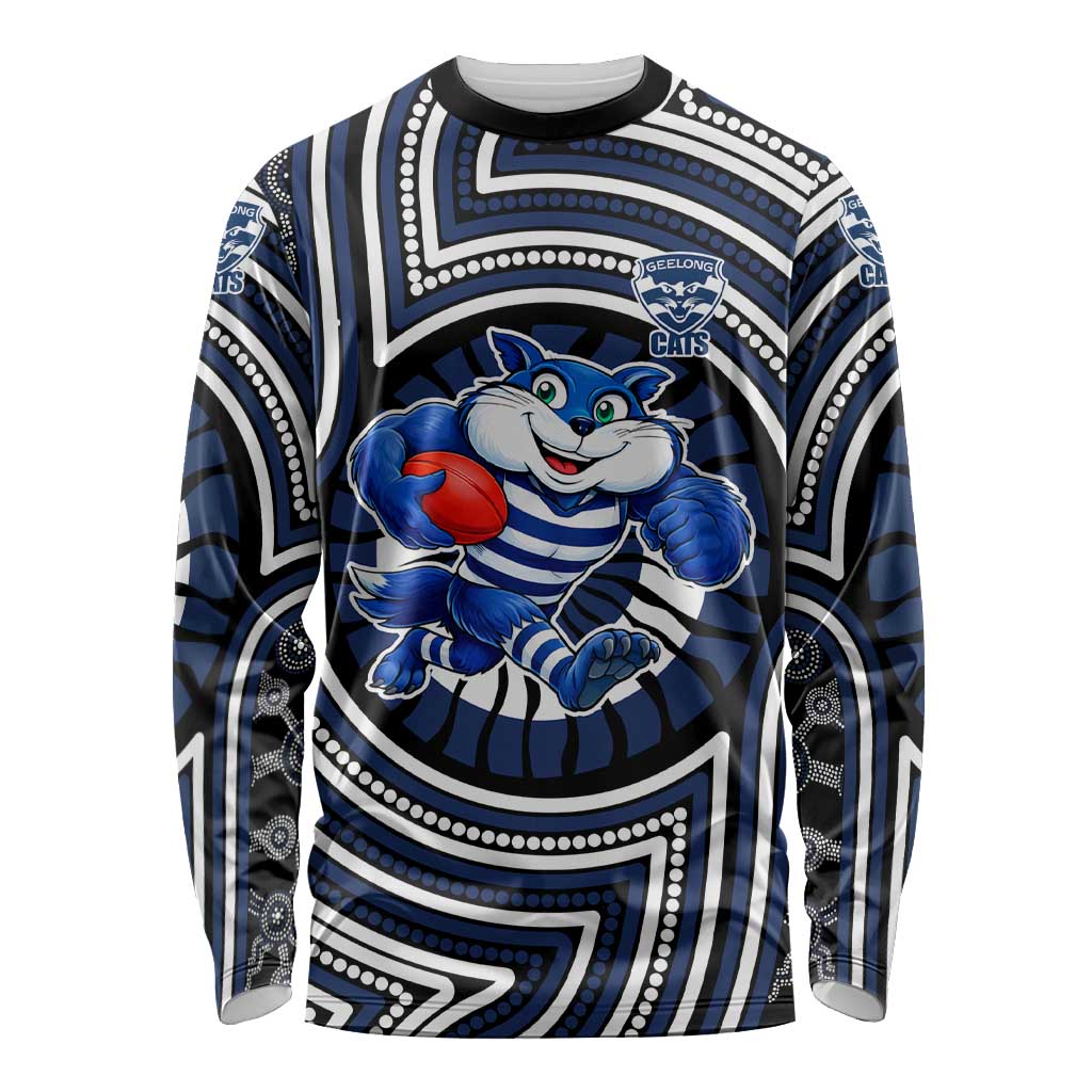 Geelong Cats Long Sleeve Shirt Indigenous Monochrome Dot Art Mascot Style
