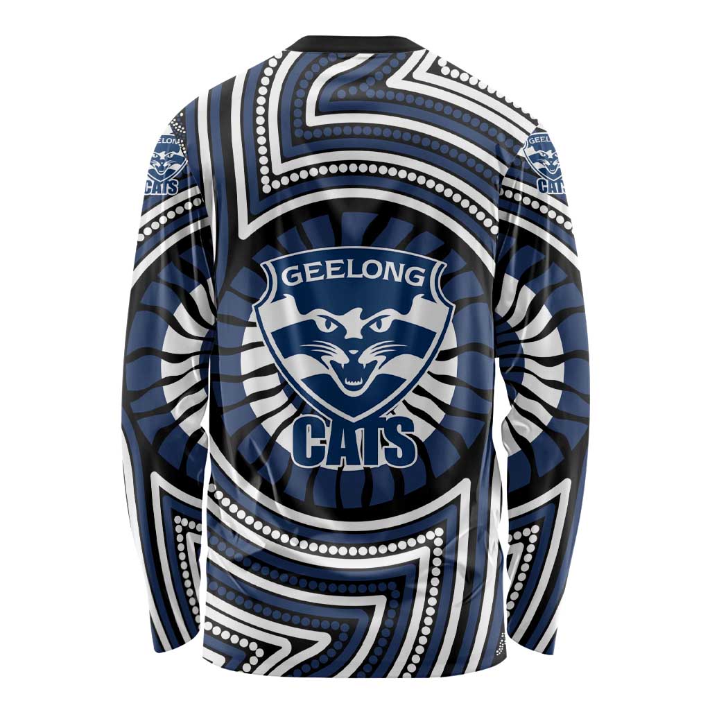 Geelong Cats Long Sleeve Shirt Indigenous Monochrome Dot Art Mascot Style