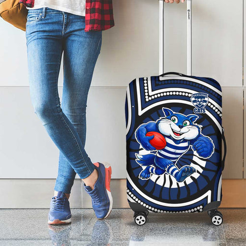 Geelong Cats Luggage Cover Indigenous Monochrome Dot Art Mascot Style