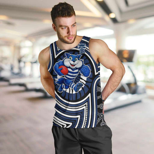 Geelong Cats Men Tank Top Indigenous Monochrome Dot Art Mascot Style