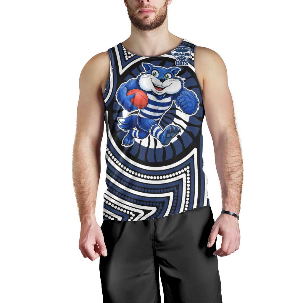 Geelong Cats Men Tank Top Indigenous Monochrome Dot Art Mascot Style