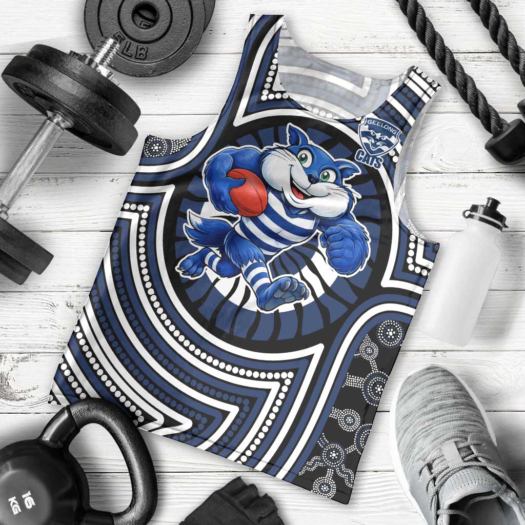 Geelong Cats Men Tank Top Indigenous Monochrome Dot Art Mascot Style
