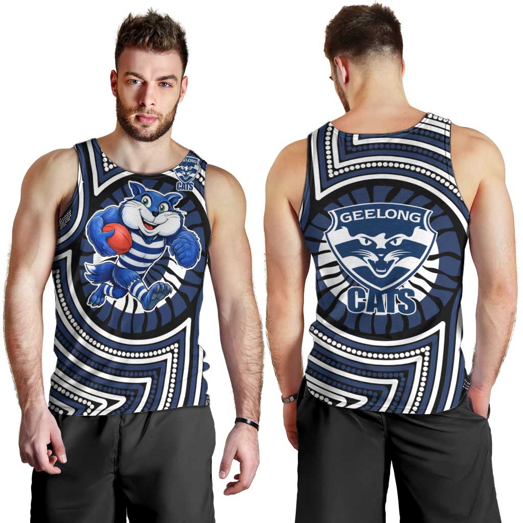 Geelong Cats Men Tank Top Indigenous Monochrome Dot Art Mascot Style