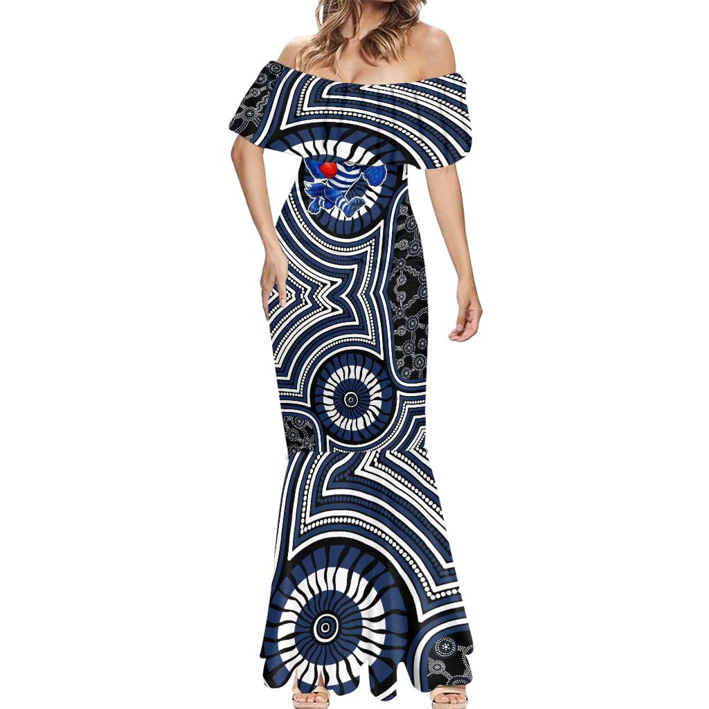 Geelong Cats Mermaid Dress Indigenous Monochrome Dot Art Mascot Style