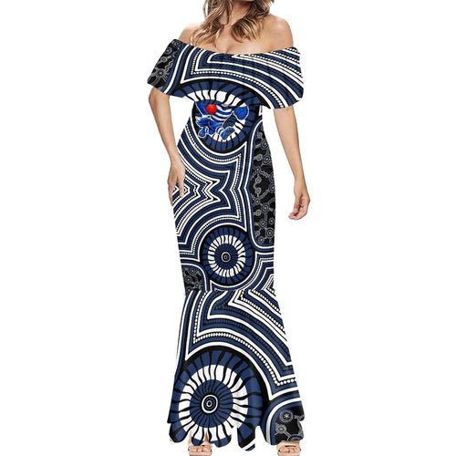 Geelong Cats Mermaid Dress Indigenous Monochrome Dot Art Mascot Style