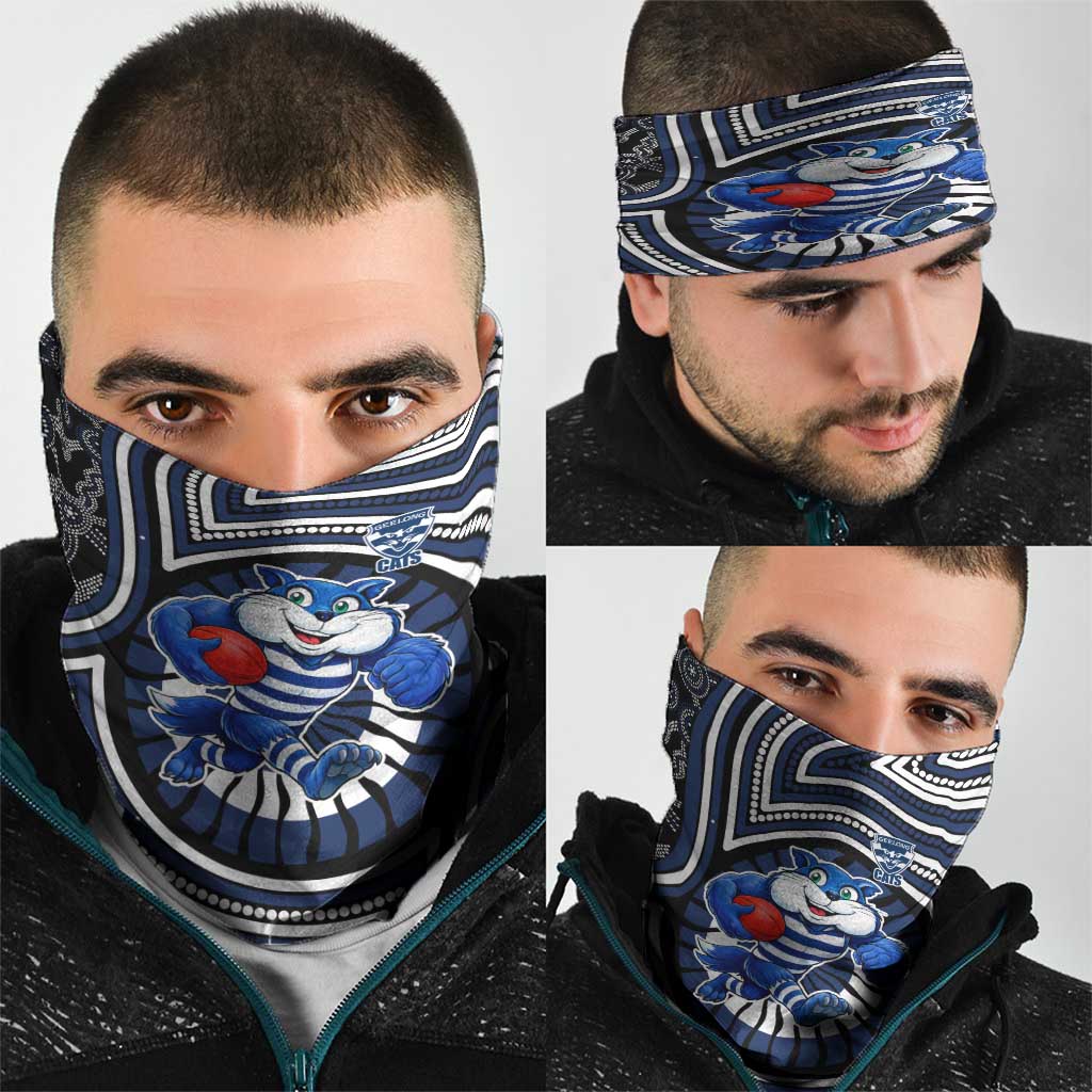 Geelong Cats Neck Gaiter Indigenous Monochrome Dot Art Mascot Style