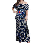 Geelong Cats Off Shoulder Maxi Dress Indigenous Monochrome Dot Art Mascot Style