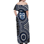 Geelong Cats Off Shoulder Maxi Dress Indigenous Monochrome Dot Art Mascot Style