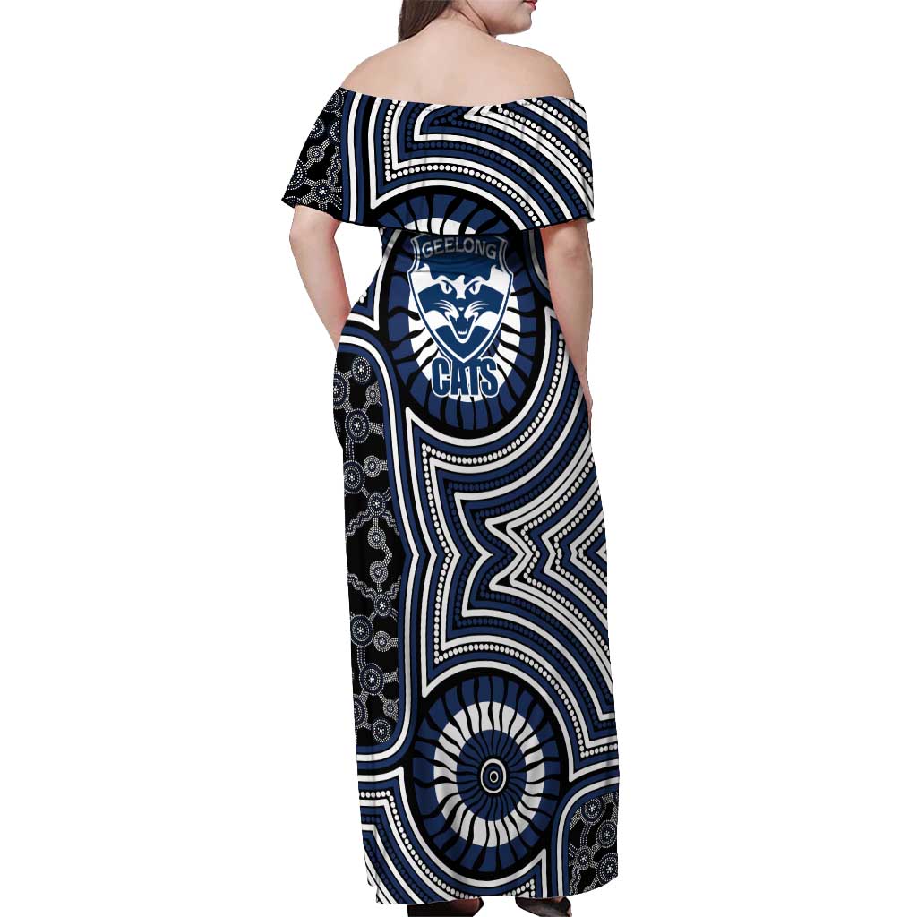 Geelong Cats Off Shoulder Maxi Dress Indigenous Monochrome Dot Art Mascot Style
