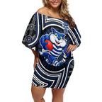 Geelong Cats Off Shoulder Short Dress Indigenous Monochrome Dot Art Mascot Style
