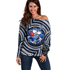 Geelong Cats Off Shoulder Sweater Indigenous Monochrome Dot Art Mascot Style