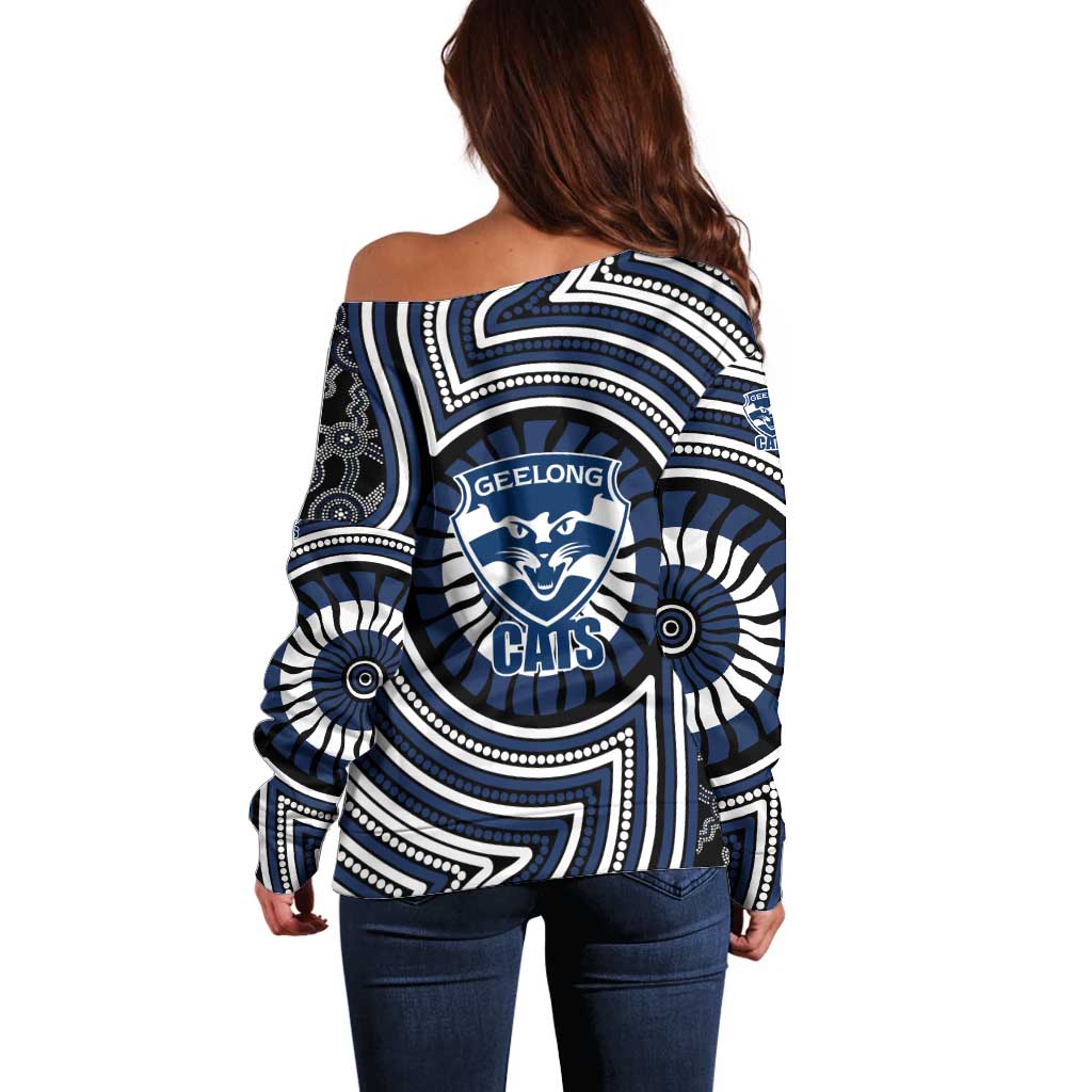 Geelong Cats Off Shoulder Sweater Indigenous Monochrome Dot Art Mascot Style