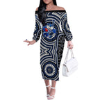 Geelong Cats Off The Shoulder Long Sleeve Dress Indigenous Monochrome Dot Art Mascot Style
