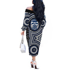 Geelong Cats Off The Shoulder Long Sleeve Dress Indigenous Monochrome Dot Art Mascot Style