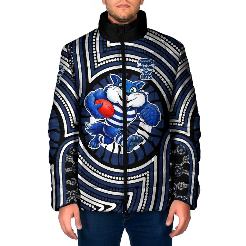 Geelong Cats Padded Jacket Indigenous Monochrome Dot Art Mascot Style